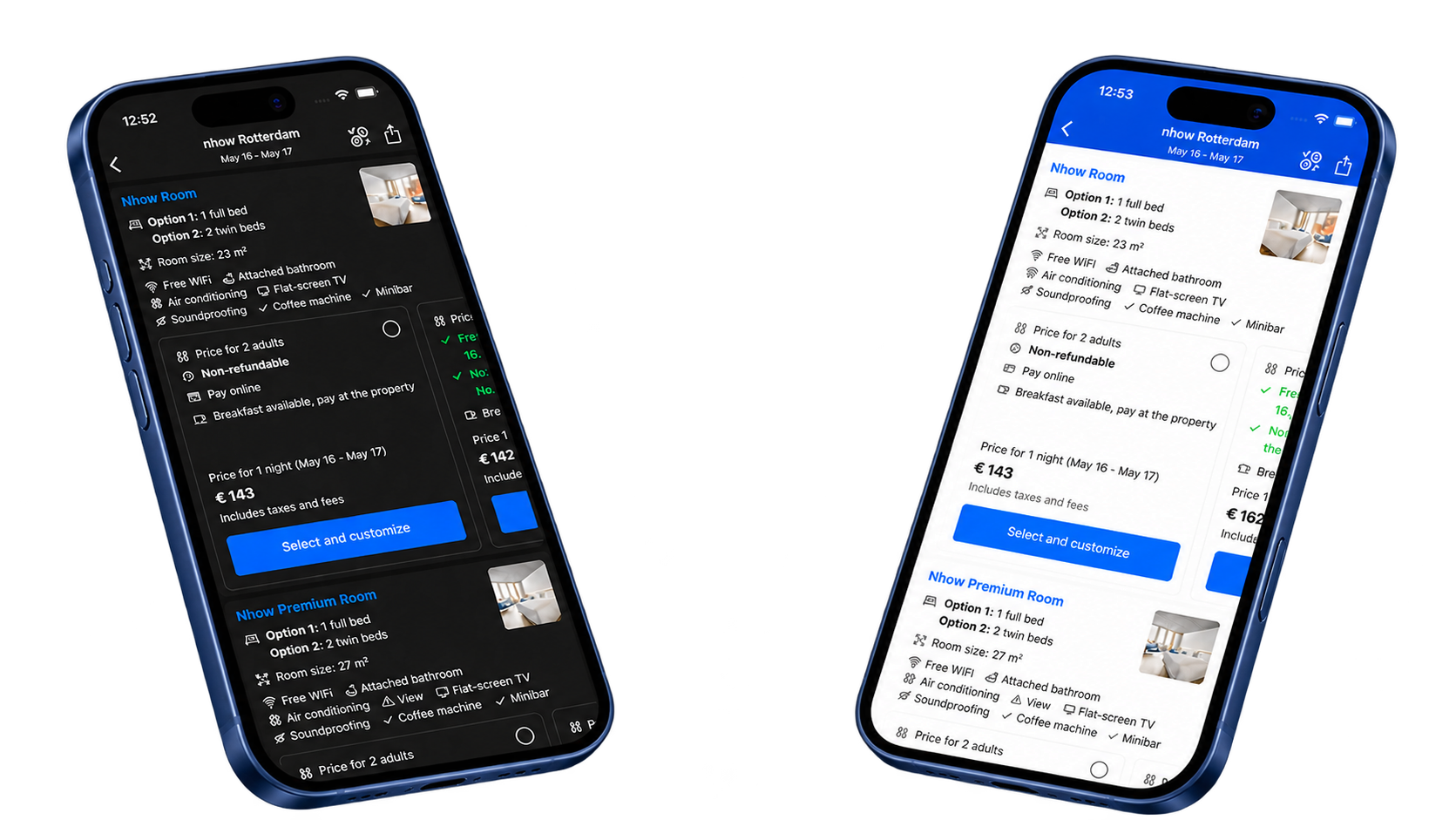 Two deep blue iPhones showing the Booking.com room list in dark and light appearances.