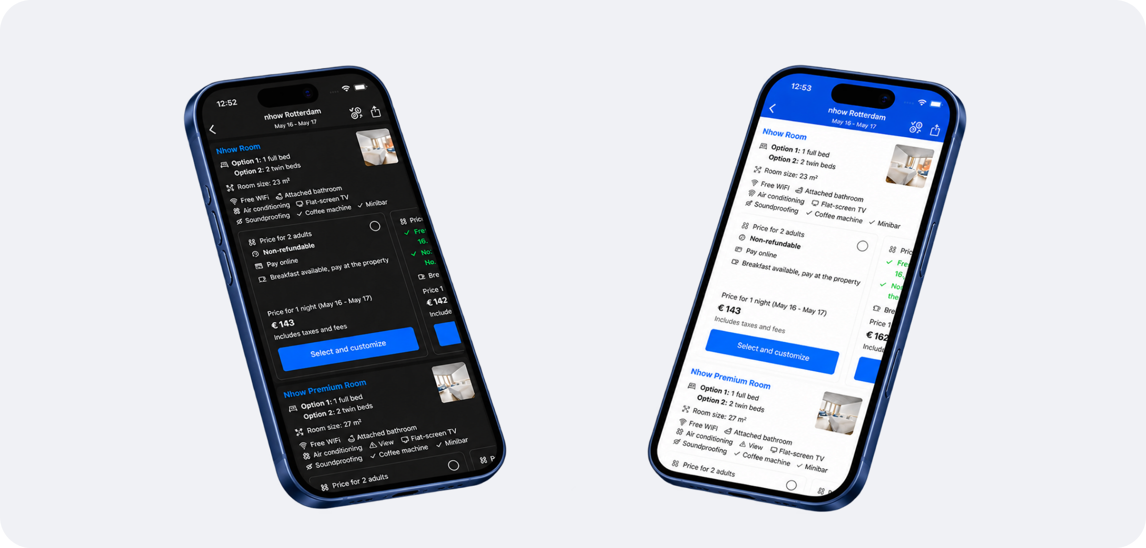 Dark and light Booking.com room comparison screens shown on iPhones.