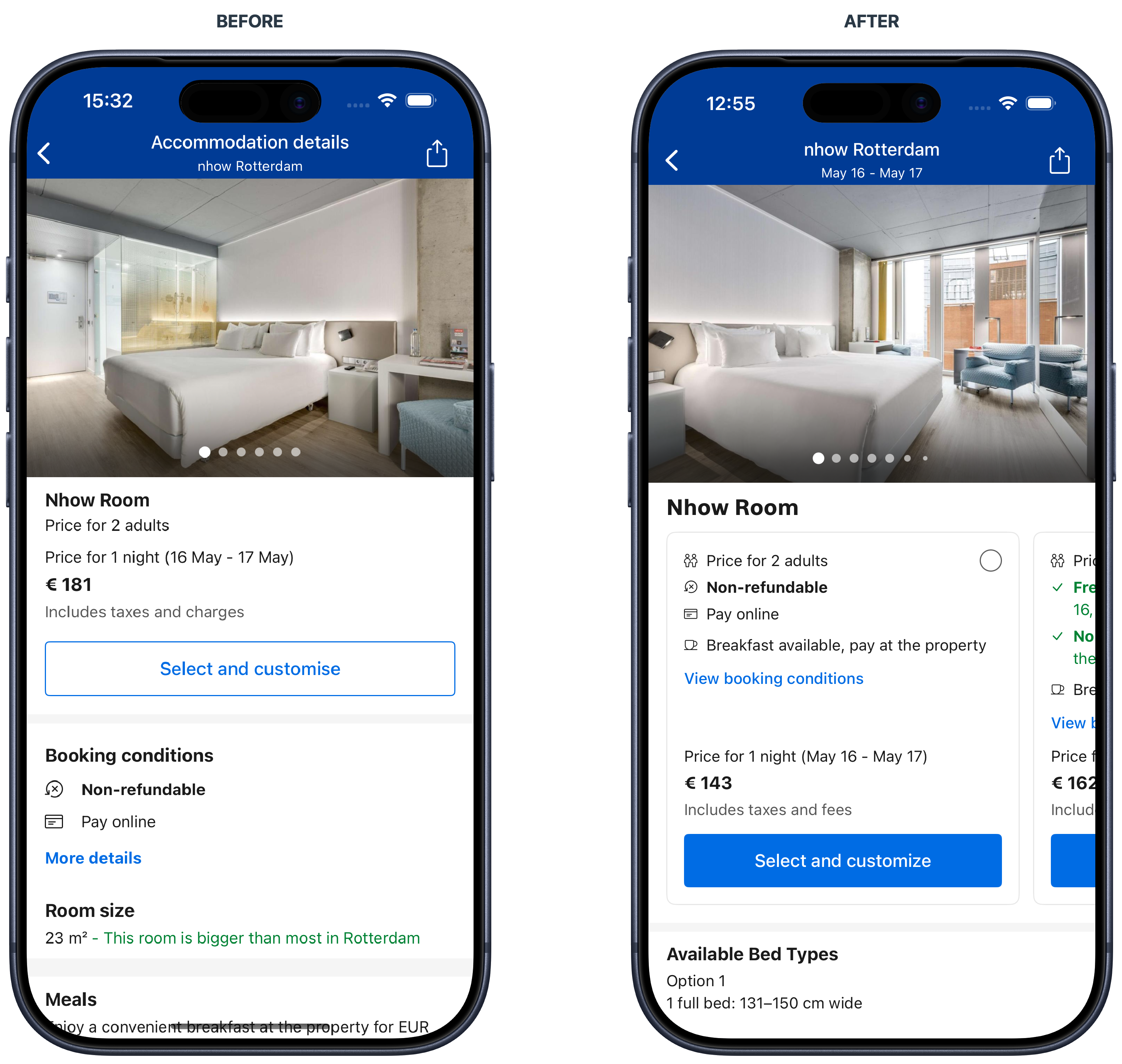 Before and after comparison of Booking.com room details: the original single-rate details page beside the redesigned page with rates displayed side by side.