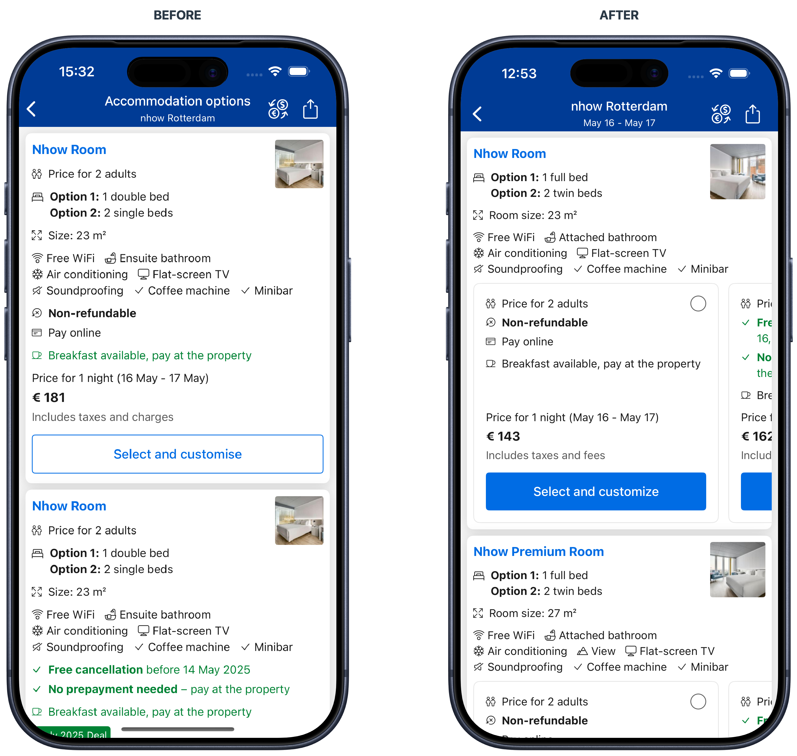 Before and after comparison of Booking.com room list: the original vertical list of repeated room information beside the redesigned horizontal rate options grouped with each room.